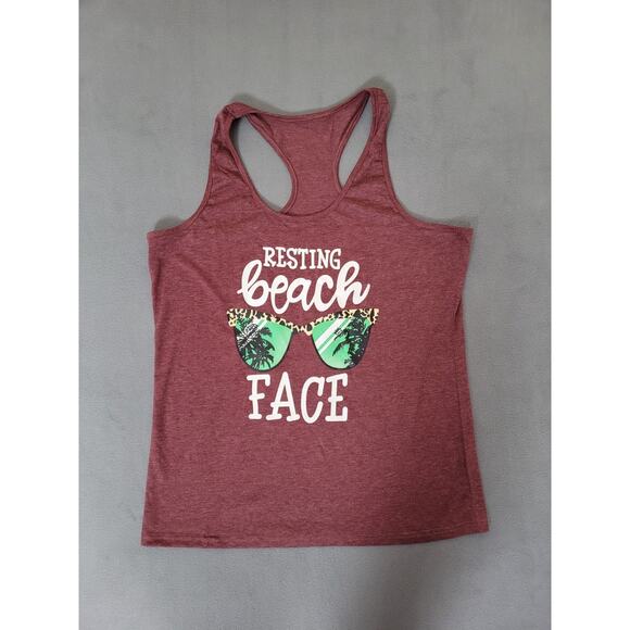 Womens Graphic Tank-Top Tee- Resting Beach Face- Funny- Size Large - Picture 1 of 5